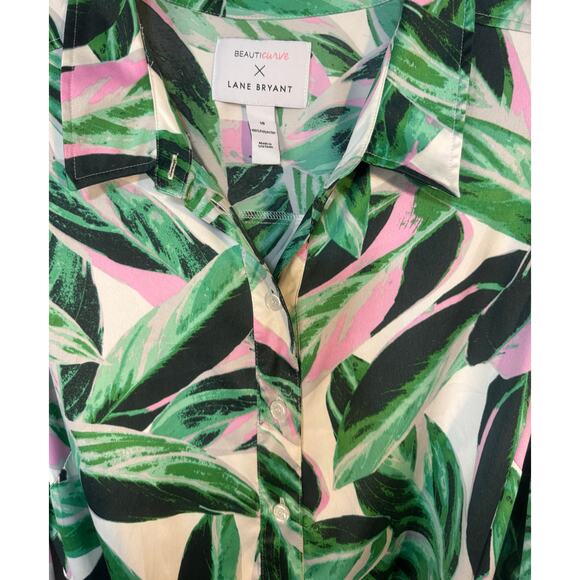 Lane Bryant Sz 18 BeautiCurve Silky Dress Green Pink Leaf Print Belted tailored - Picture 6 of 10